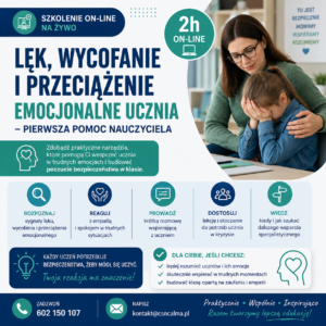 Lęk, wycofanie i przeciążenie emocjonalne ucznia – pierwsza pomoc nauczyciela (online na żywo) 12.11.2026 18:00-20:00
