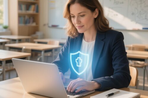 nauczyciel dbający o bezpieczeństwo cyfrowe podczas pracy na laptopie w szkolnej klasie
