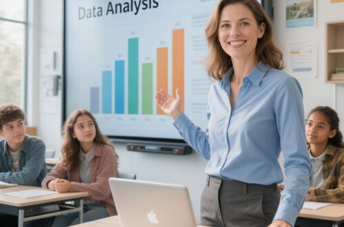 nauczyciel korzystający z nowoczesnych narzędzi cyfrowych w klasie podczas interaktywnych zajęć edukacyjnych