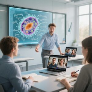 nauczyciel prowadzący zajęcia hybrydowe z wykorzystaniem laptopa i tablicy interaktywnej podczas lekcji online