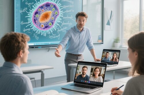 nauczyciel prowadzący zajęcia hybrydowe z wykorzystaniem laptopa i tablicy interaktywnej podczas lekcji online