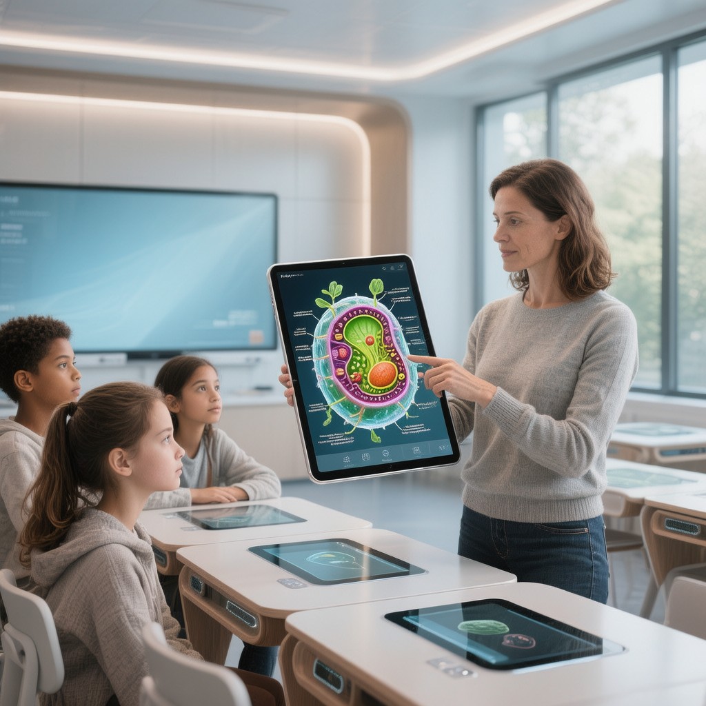 nowoczesna klasa z nauczycielem korzystającym z tabletu podczas tworzenia angażujących materiałów dydaktycznych w erze cyfrowej